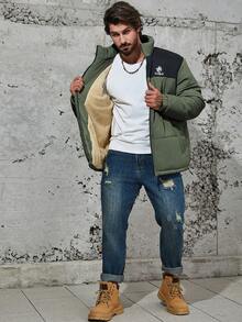 Manfinity Homme Men Loose Plus Letter & Palm Tree Graphic Colorblock Zip Up Padded Coat - Army Green - View 7