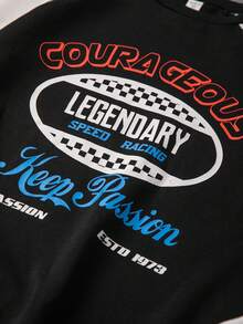 青少年女孩字母圖案插肩袖運動衫 - 黑與白 - 查看 3