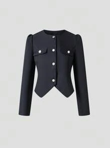 SHEIN Unity Chi tiết về Flap Nút phía trước Viền không đối xứng Áo khoác - màu đen - Xem 1