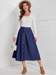 EMERY ROSE Button Front Denim Skirt - Dark Wash - View 1