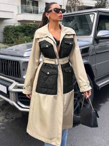 EURMUSE Two Tone Flap Pocket Belted Trench Coat - Beige - View 1