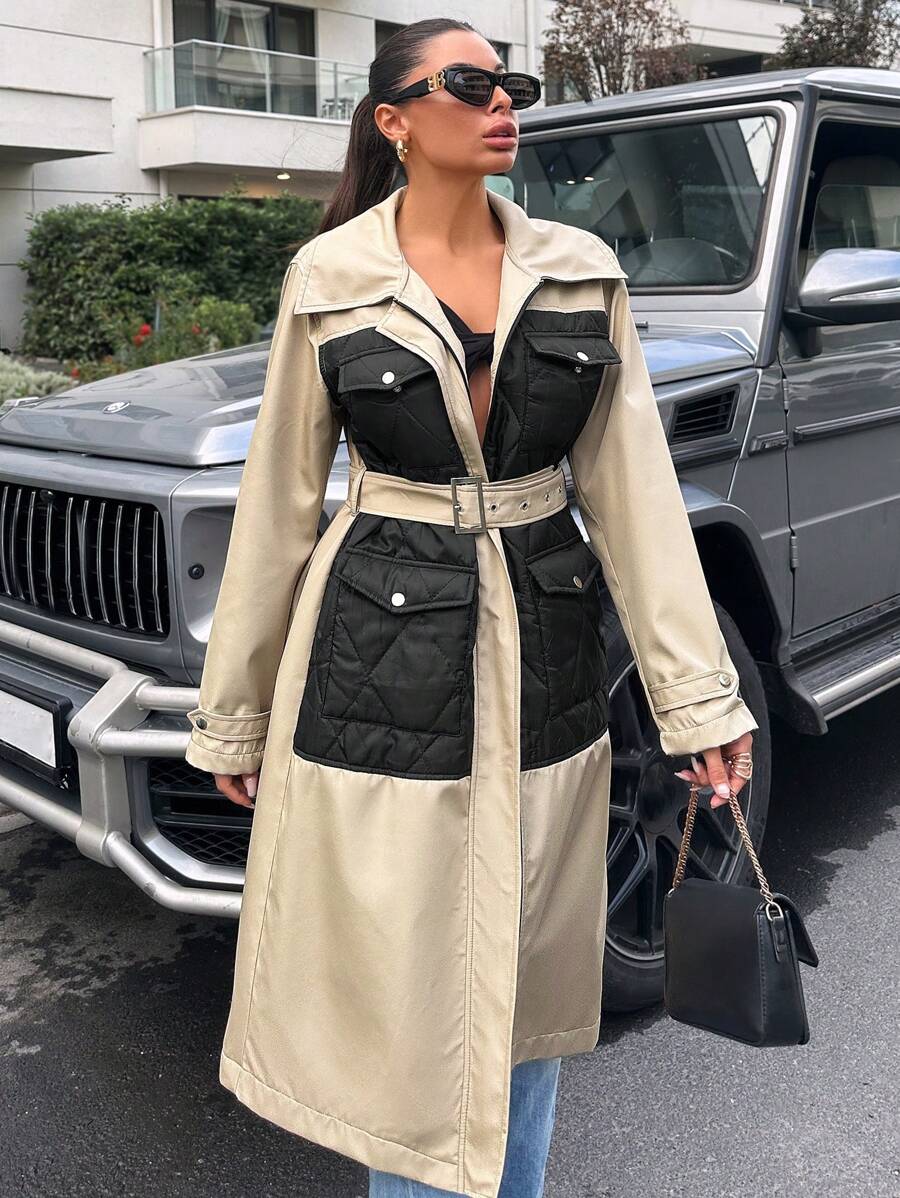 EURMUSE Two Tone Flap Pocket Belted Trench Coat - Beige - View 1