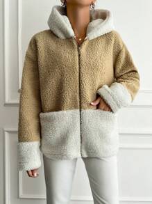 SHEIN Cottnline Two Tone Hooded Teddy Coat - Apricot - View 3
