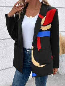 SHEIN LUNE 圖案印花青果領單釦西裝外套 - 黑色 - 查看 4