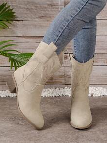 Women's Brown Vintage Western Style Thick Heel Ankle Boots With Platform, Autumn & Winter - Beige - View 3