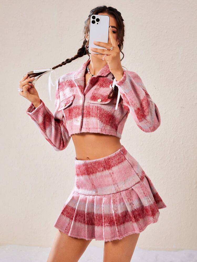 Plaid Print Crop Blazer & Pleated Skirt