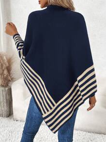 SHEIN Clasi Jersey poncho con patrón de rayas de cuello alto de manga murciélago bajo asimétrico - Azul - Ver 2