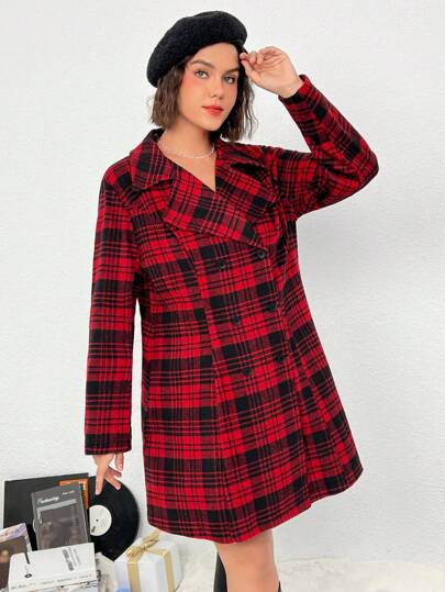SHEIN EZwear Plus Plaid Print Double Breasted Overcoat