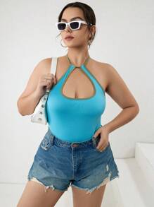 INAWLY Plus Contrast Binding Cut Out Tie Backless Halter Top