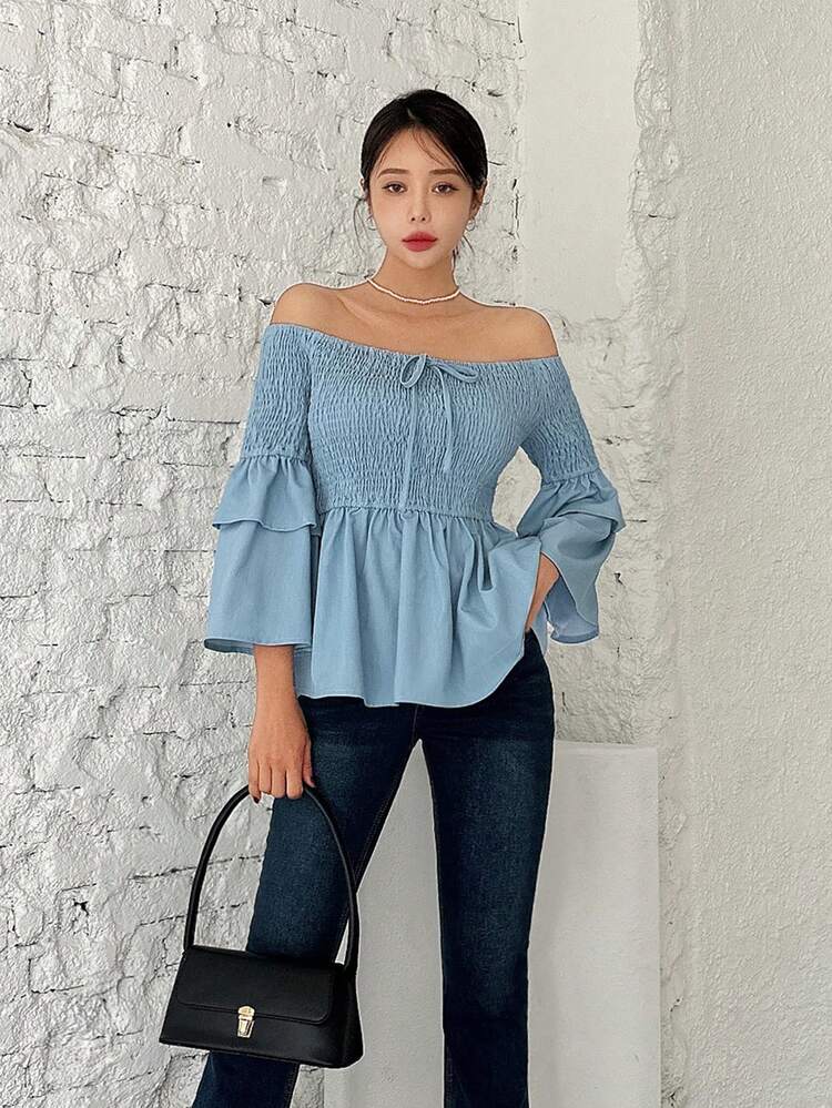 Off Shoulder Flounce Sleeve Peplum Blouse