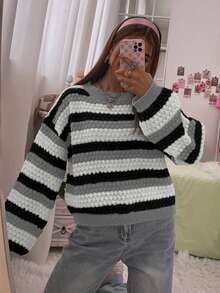 SHEIN Qutie Chất rắn Thả vai Dệt kim chấm bi Áo len - Xám - Xem 5