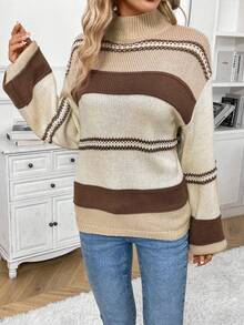 SHEIN Frenchy Mẫu sọc Cổ giả Thả vai Áo len - Nhiều màu - Xem 5