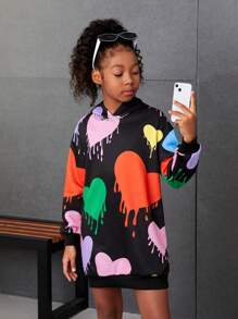 Tween Girl Heart Print Drop Shoulder Hooded Sweatshirt Dress - Black - View 1