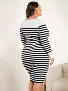 SHEIN BASICS Plus Striped Pattern Scoop Neck Sweater Dress - Black and White - View 2