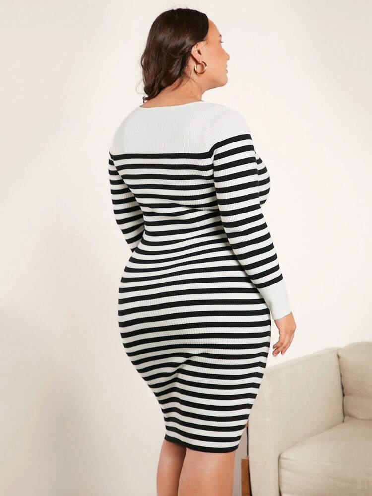 Plus Striped Pattern Scoop Neck Sweater Dress