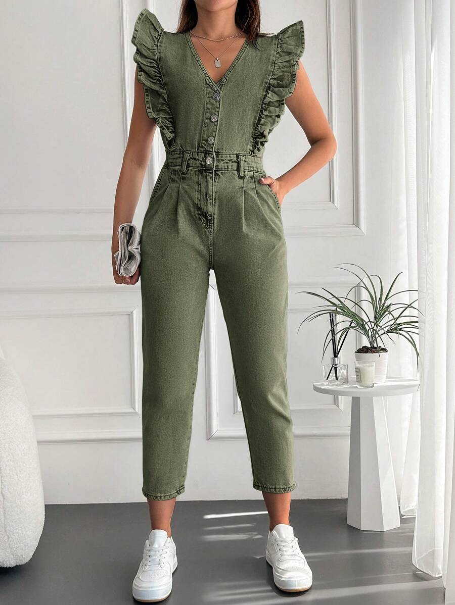 EURMUSE Women's Denim Overalls With Ruffle Hem - Khaki - View 1