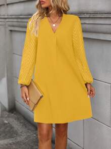 EMERY ROSE Solid V-neck Lantern Sleeve Dress - Ginger - View 5