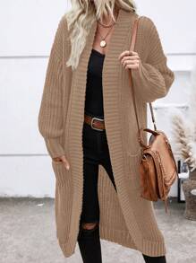 SHEIN Essnce 双口袋落肩开衫 - 卡其色 - 查看 1