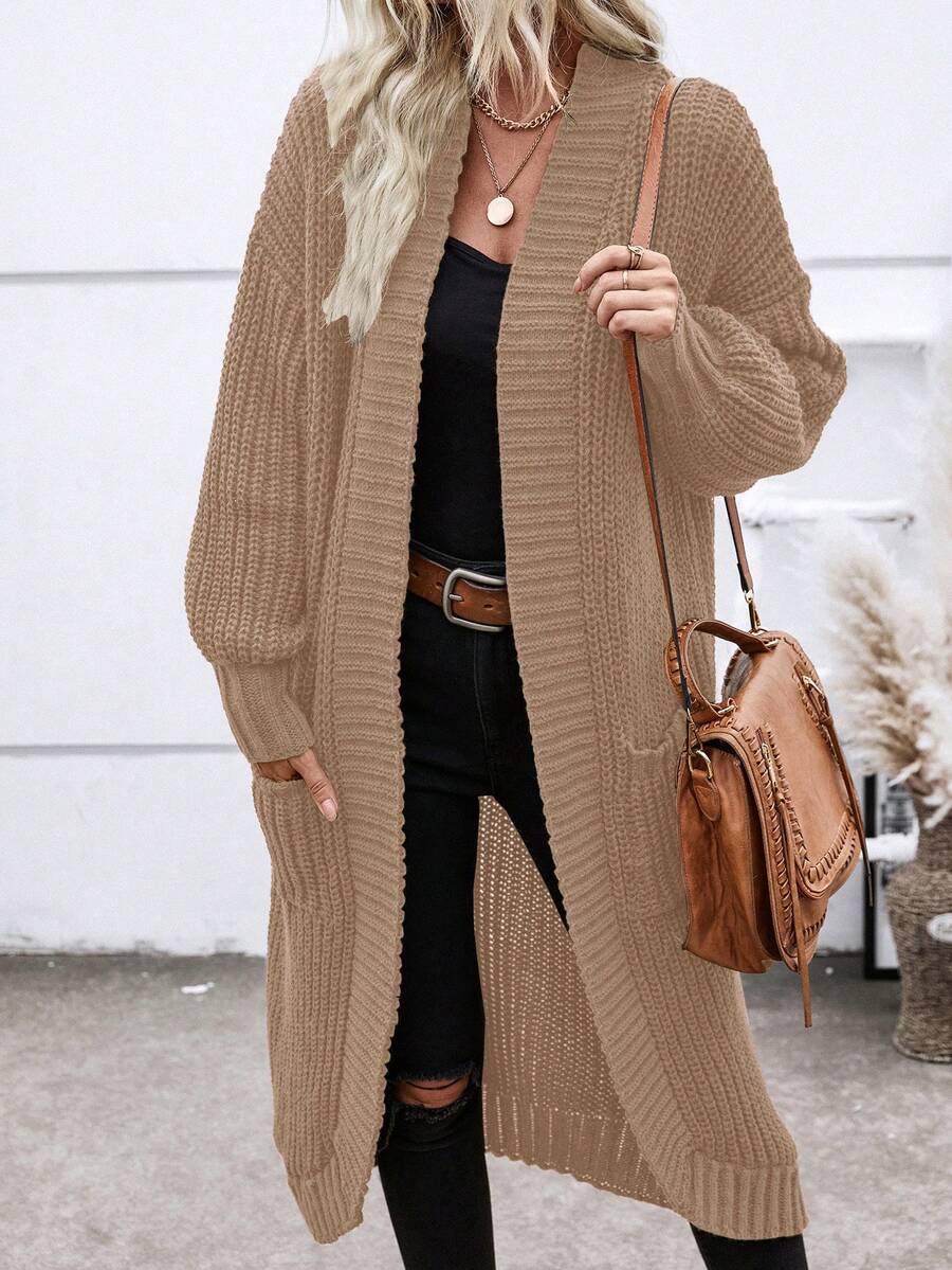 SHEIN Essnce 双口袋落肩开衫 - 卡其色 - 查看 1