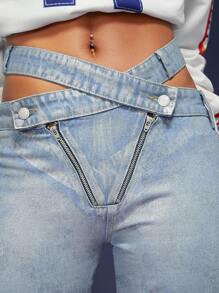 Denimoi Fashion Crisscross Waist Zip Metallic Jeans - Blue - View 3