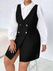 Calvaya Plus Double Breasted Dual Pocket Overall Dress Without Blouse - Black - View 6