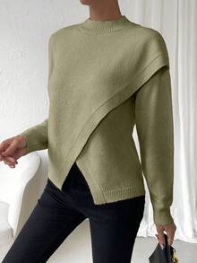 SHEIN LUNE 素色落肩袖交叉圍裹不對稱下擺套頭毛衣 - 橄欖綠 - 查看 6