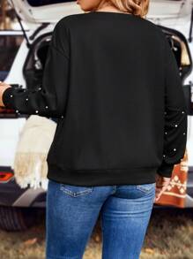 SHEIN LUNE Plus Pearls Beaded Drop Shoulder Sweatshirt - Black - View 2