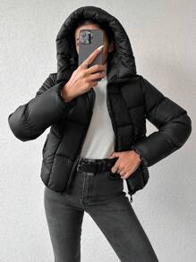 EURMUSE Women'S Zipper Closure Hooded Padded Coat - Black - View 3