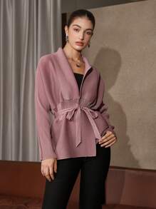 青果領蝙蝠袖腰帶外套 - 粉色 - 查看 5