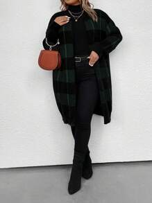 EMERY ROSE Plus Buffalo Plaid Pattern Drop Shoulder Duster Cardigan, For Winter Fall Cloth For Women - Multicolor - View 7