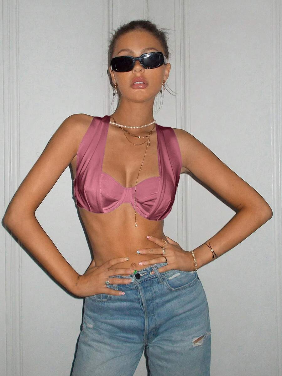 SHEIN ICON Ruched Bust Crop Tank Top - Dusty Pink - View 1