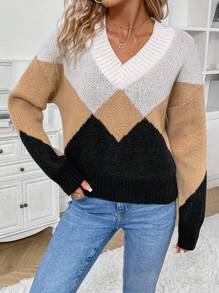 SHEIN LUNE Suéter de punto con hombros caídos y bloques de color para otoño e invierno - Multicolor - Ver 3