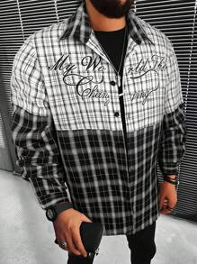 Manfinity Homme Men Plaid & Letter Graphic Shirt - Black and White - View 1