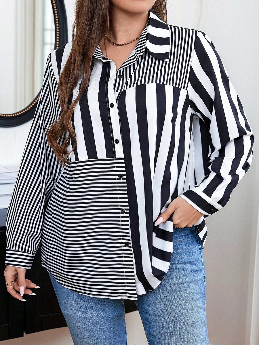 Celure 大碼條紋印花前紐扣襯衫 - 黑與白 - 查看 1