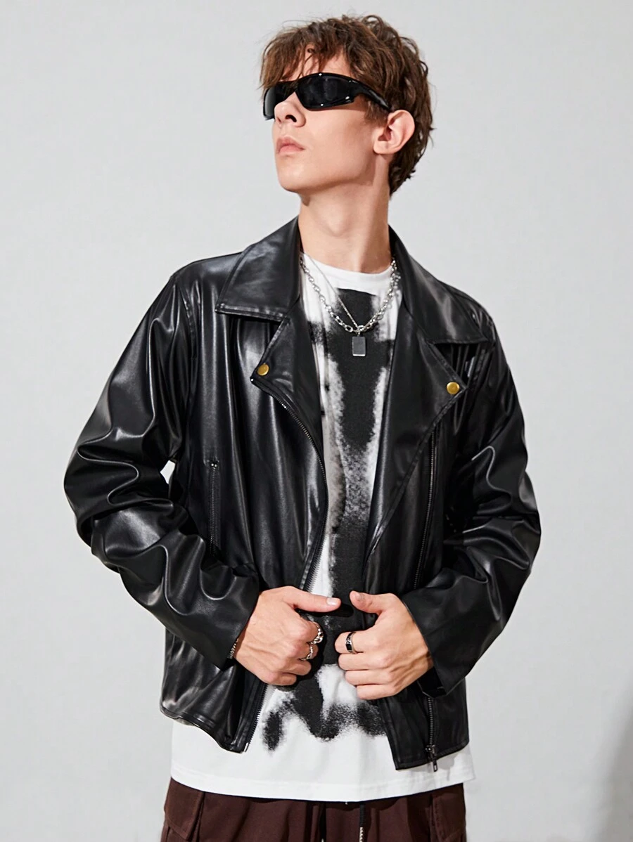 SHEIN 青少年男孩拉鏈開襟PU皮革機車夾克 - 黑色 - 查看 1