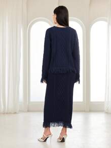 Seusyu Fringe Trim Drop Shoulder Sweater & Knit Skirt - Royal Blue - View 2
