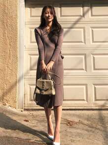 DAZY Chất rắn Surplice cổ Cà vạt Bọc Đồ đan Ribbed Đầm Áo len - màu nâu - Xem 7