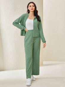 Mulvari unicolor Capucha con cremallera & Pantalones de pierna ancha - Verde - Ver 3