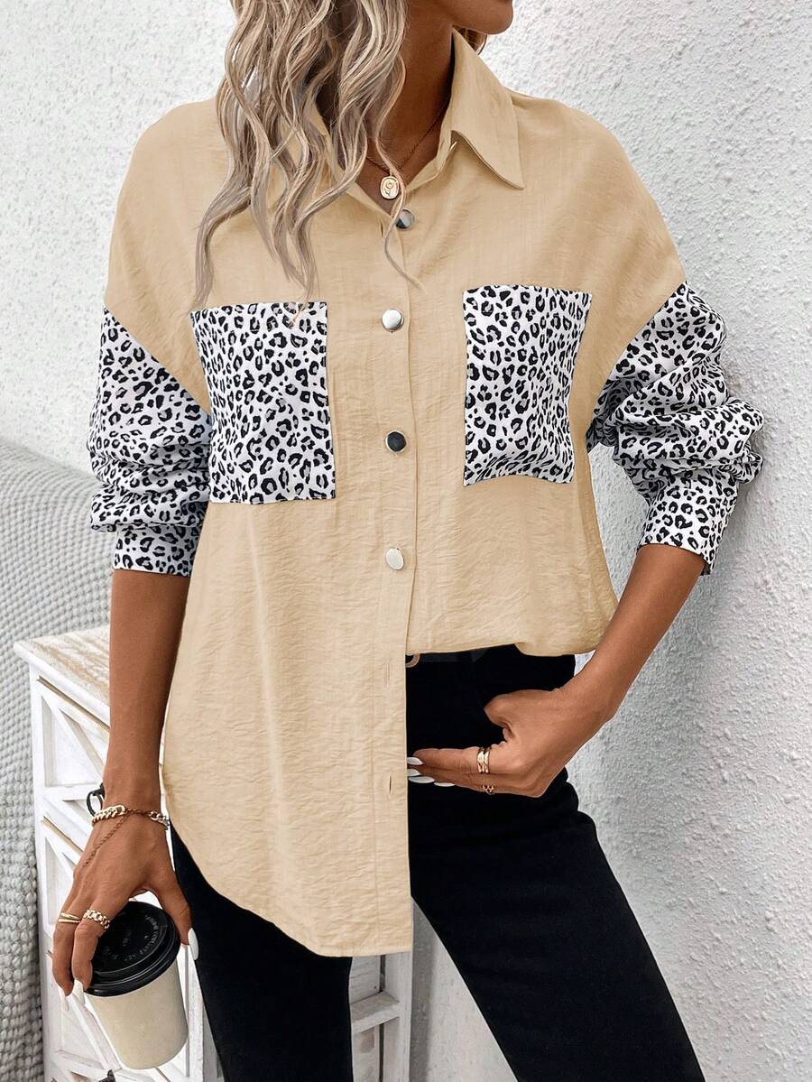 SHEIN LUNE Leopard Print Drop Shoulder Pocket Patched Shirt - Apricot - View 1