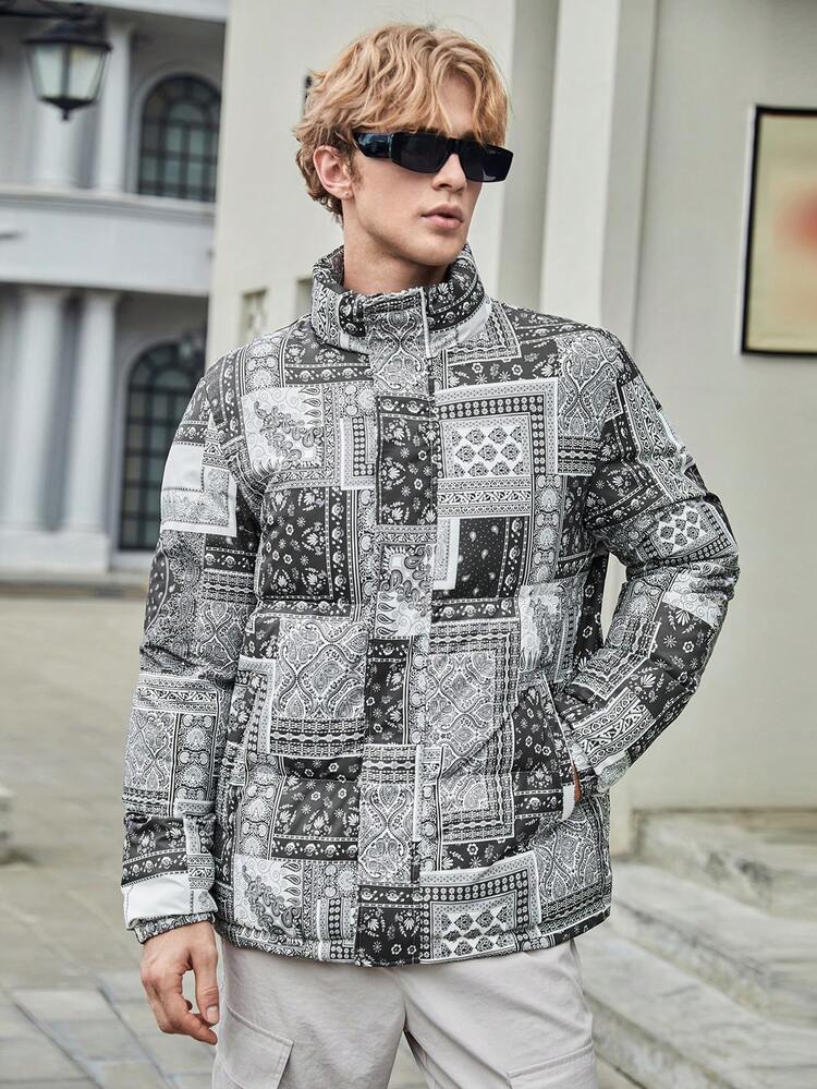 Loose Fit Men's Paisley Print Padded Coat, For Fall Winter