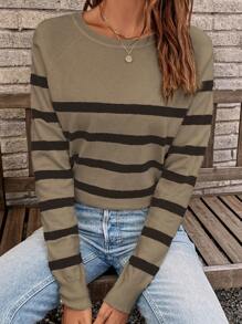 SHEIN LUNE Striped Pattern Raglan Sleeve Sweater - Khaki - View 6