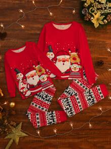 Tween Girl Cute Snowman & Letter Printed Christmas Snug Fit Snug Fit Pajamas, Sibling Outfits - Red - View 1