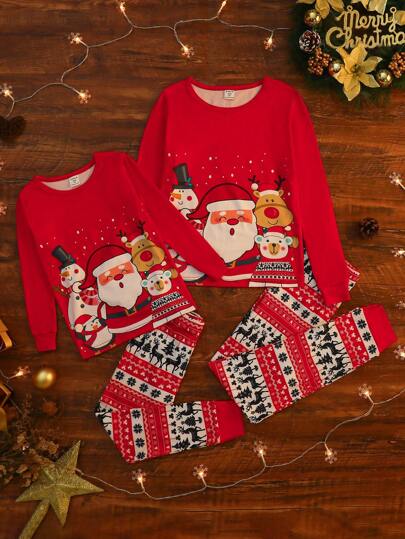 Pijama Ajustado De Navidad Para Niña Intermedia Con Lindos Estampado De Muñeco De Nieve Y Letras, Traje Para Hermanos