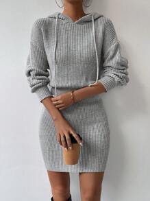 SHEIN LUNE 落肩袖抽繩連帽毛衣洋裝 - 灰色 - 查看 3