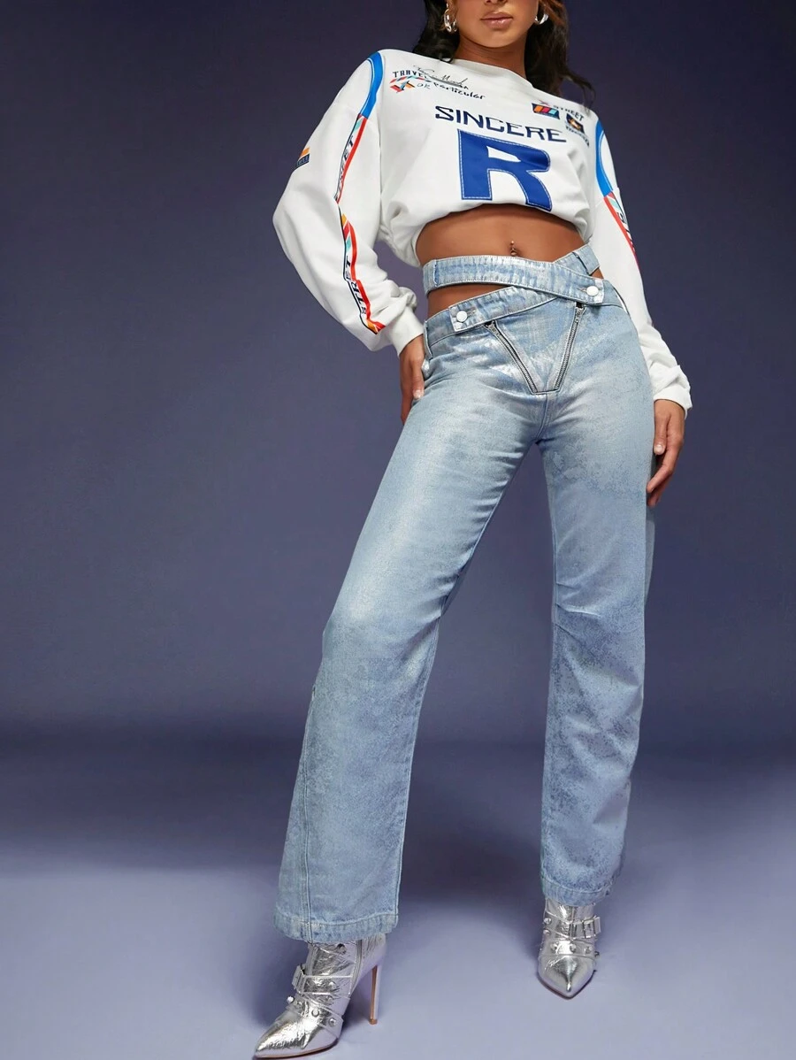 Denimoi Fashion Crisscross Waist Zip Metallic Jeans - Blue - View 1
