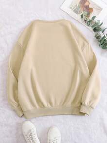 SHEIN EZwear 蝴蝶和標語圖案落肩袖加絨內裏運動衫 - 杏色 - 查看 2