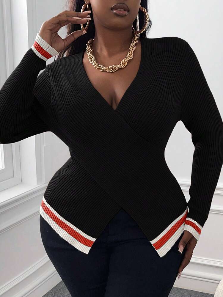 Plus Striped Trim Crossover Sweater