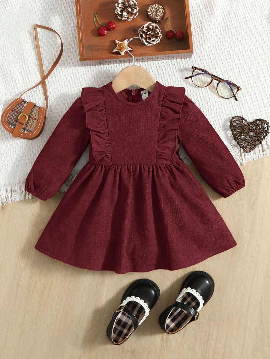 SHEIN Baby Girl Ruffle Trim Lantern Sleeve Dress - Burgundy - View 1