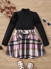 女孩泡泡袖上衣和格紋裙子兩件套裝 - 彩色 - 查看 1