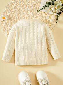 Baby Girl Bear Embroidery Cable Knit Cardigan - Beige - View 2